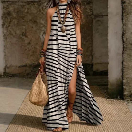 Loose-fit Printed Halterneck Split Dress 