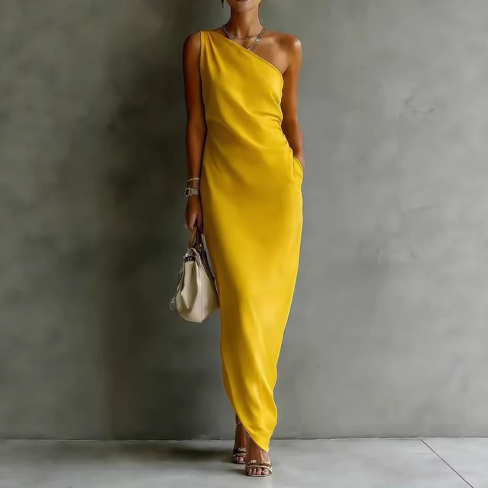 Elegant Satin Off-shoulder Draping Slim-fit Maxi Dress 