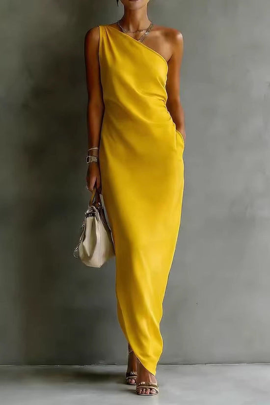 Elegant Satin Off-shoulder Draping Slim-fit Maxi Dress 