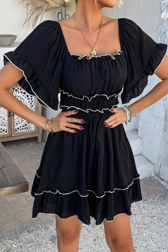 Womens French-style Square-neck Ruffled Short-sleeve Dress 