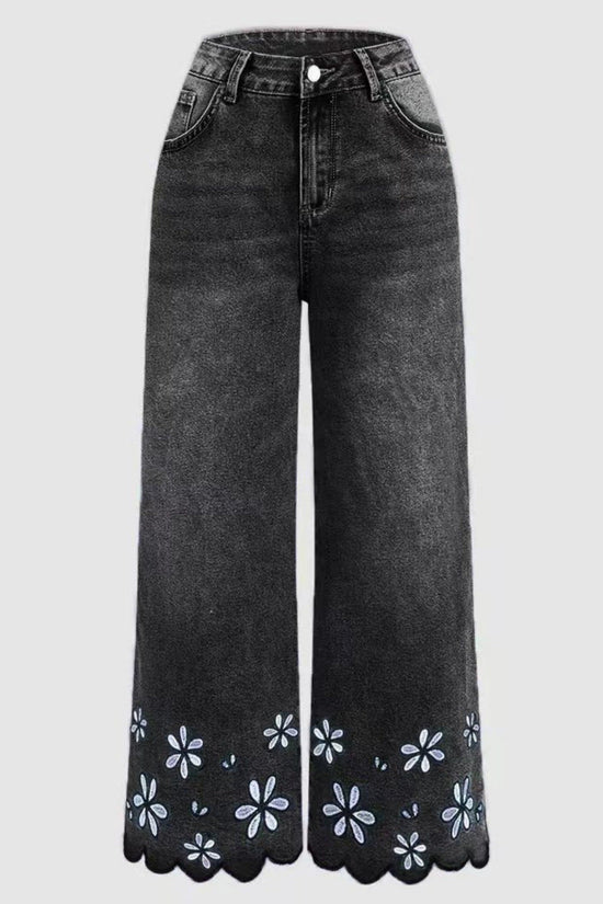 Chrysanthemum Embroidered Casual Stretch Womens Cropped Denim Jeans 