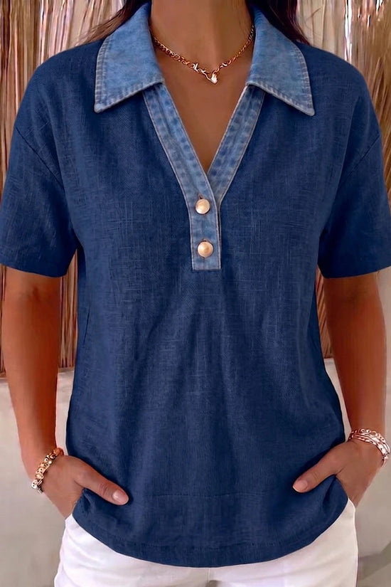 Casual Denim-Trimmed Contrast Linen Cotton Shirt Womens Apparel 