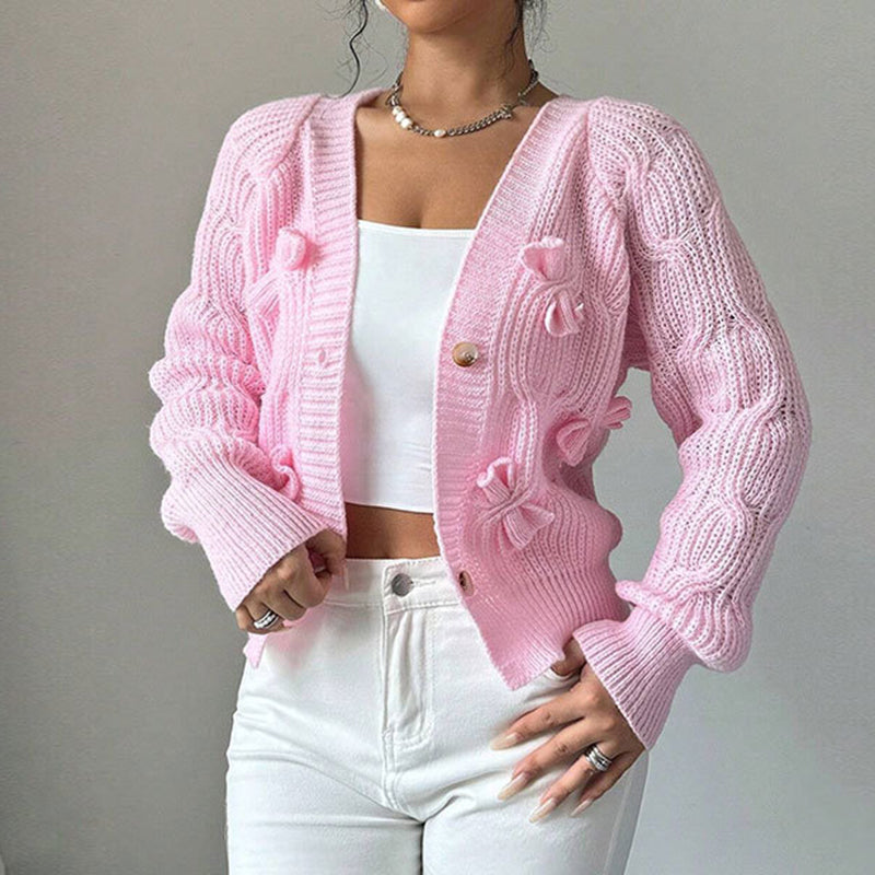 Women's Bow Cropped Cardigan - Long Sleeve V-Neck Button Down Knit Sweater Top 