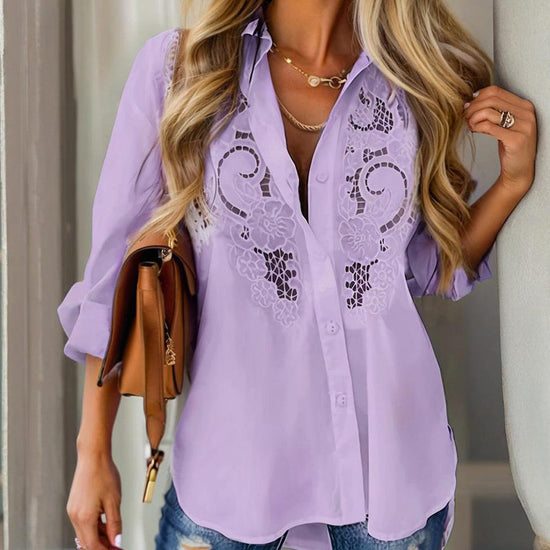Women’s Contrast Lace Long-Sleeve Button‑Down Blouse CJ US