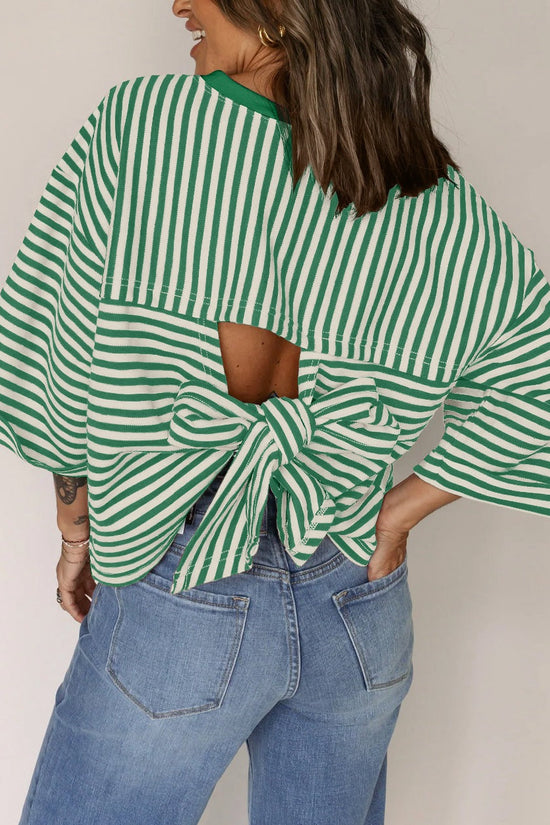 Round neck striped back tie bow pullover top 