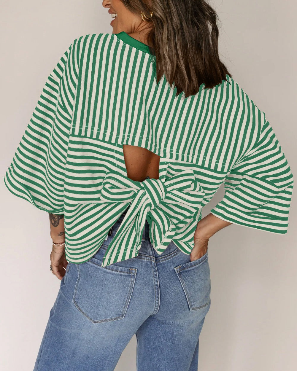 Round neck striped back tie bow pullover top 