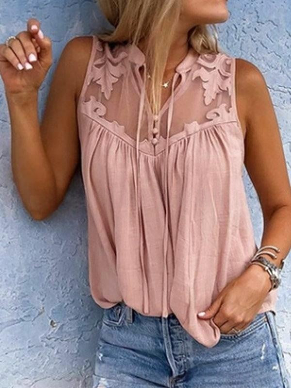 Chiffon Patchwork Lace V-Neck Sleeveless Shirt 