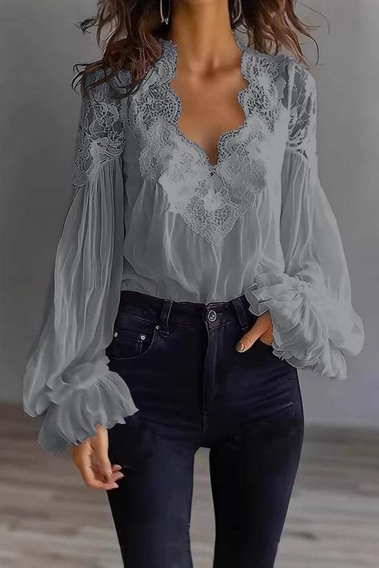 Lace-panelled Ruffled Puff-sleeve Pleated Shirt 