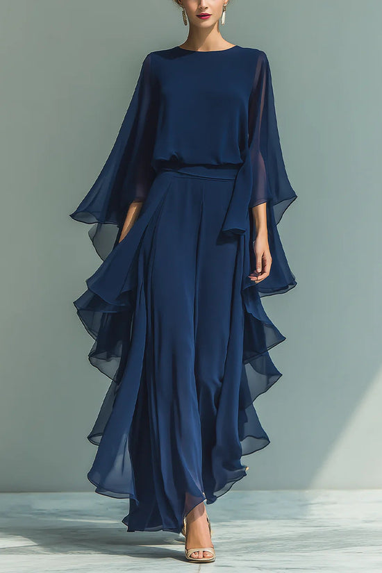 Deep Blue Ruffle Wide-Leg Pants Set for Women, Fashion Elegant Two-Piece Long Sleeve Casual Pants 