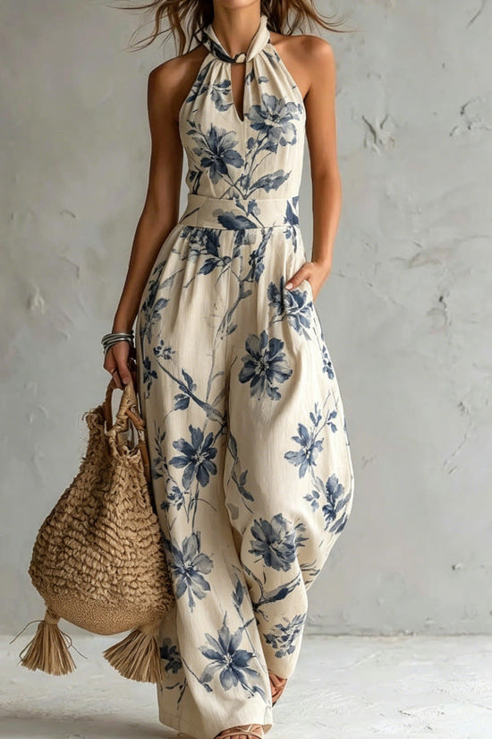 New halter backless jumpsuit, blue and white tie-dye wide-leg pants, summer beach women's wear 