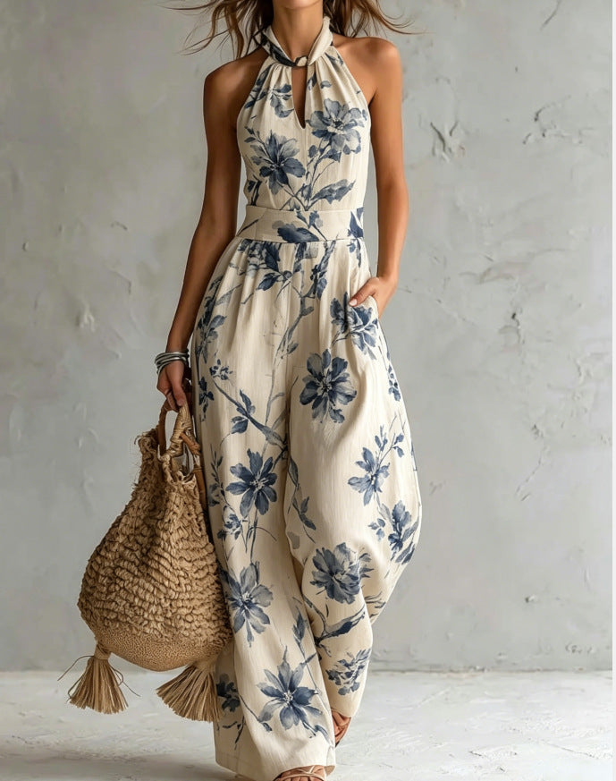 New halter backless jumpsuit, blue and white tie-dye wide-leg pants, summer beach women's wear 