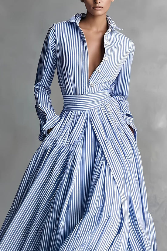 Striped long sleeved pocket cardigan tied shirt dress 