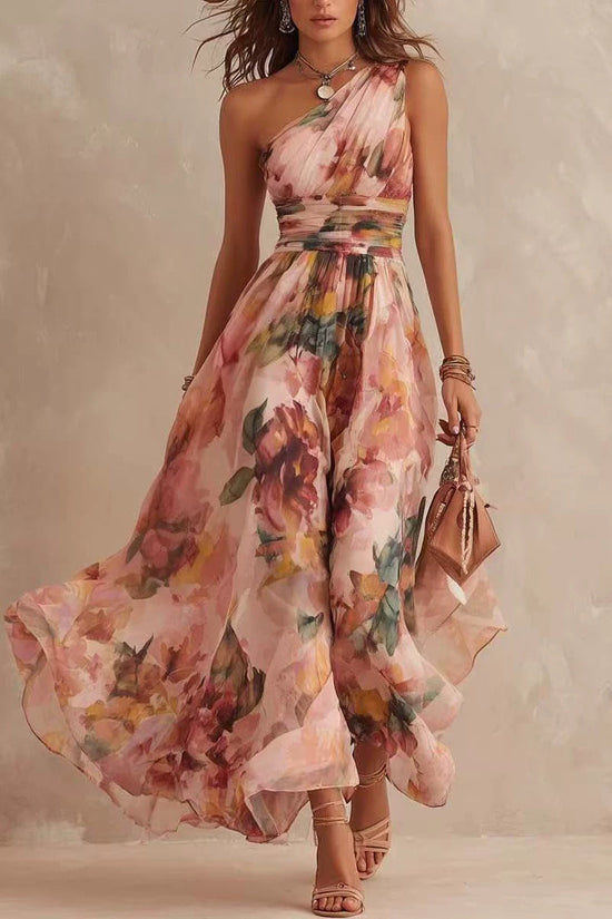 One shoulder waist cinched beach long dress 