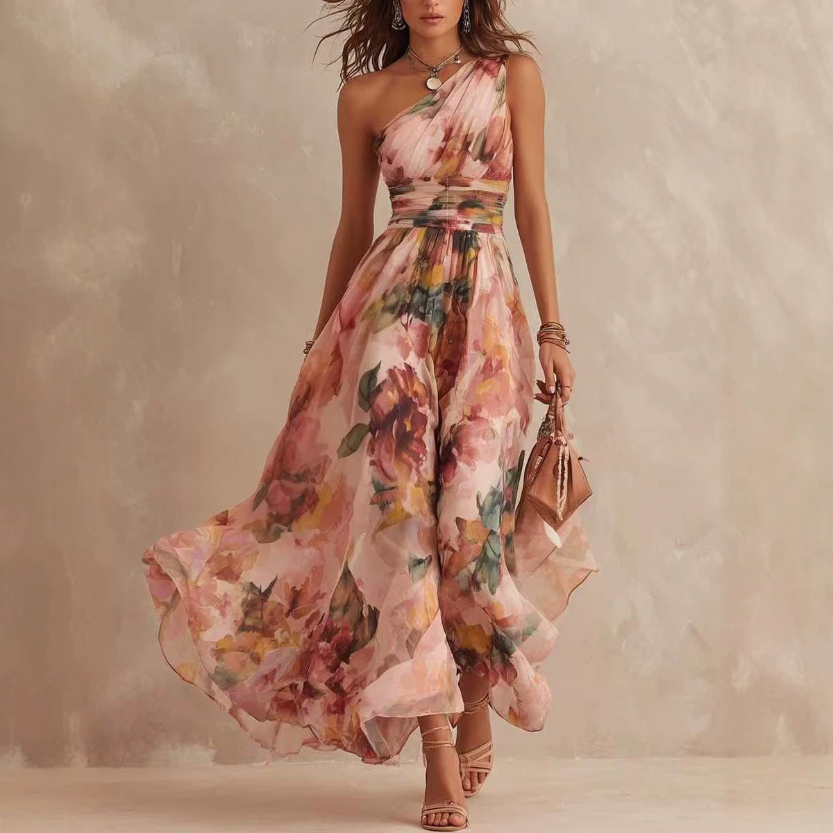 One shoulder waist cinched beach long dress 