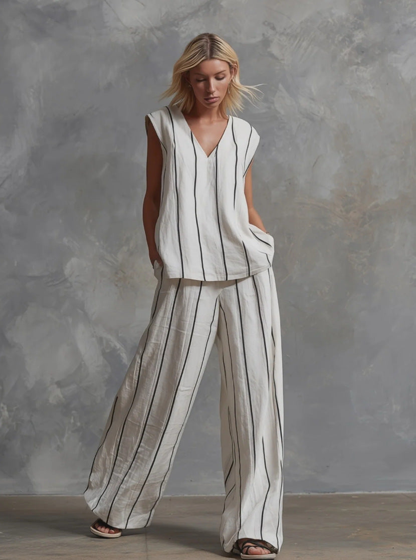 French Minimalist Black And White Vertical Stripe Loose Cotton-Linen Womens Set 