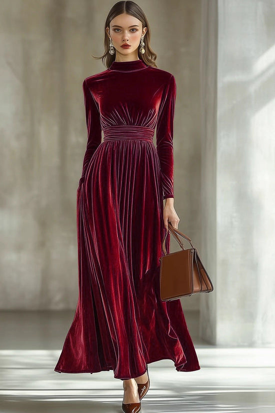Women's New Autumn/Winter Velvet Long Sleeve Dress, Waist-Cinching Slimming Elegant Maxi Skirt, Graceful Style 