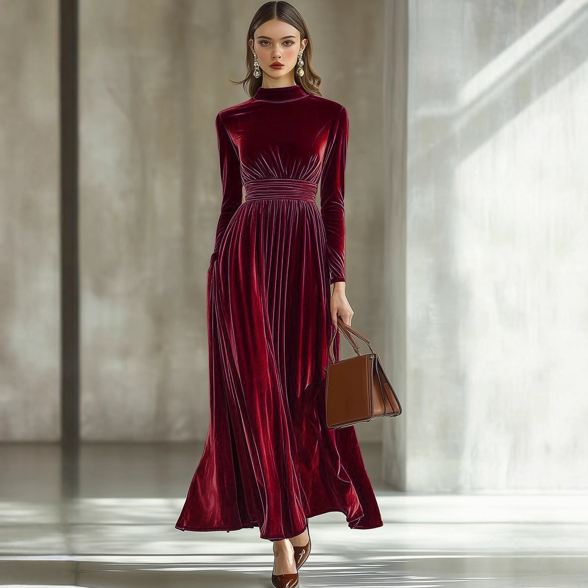 Women's New Autumn/Winter Velvet Long Sleeve Dress, Waist-Cinching Slimming Elegant Maxi Skirt, Graceful Style 