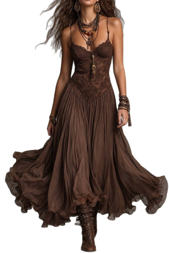 Chiffon Printed Strap Fitted Long Dress, Vintage Flowy Maxi Dress 