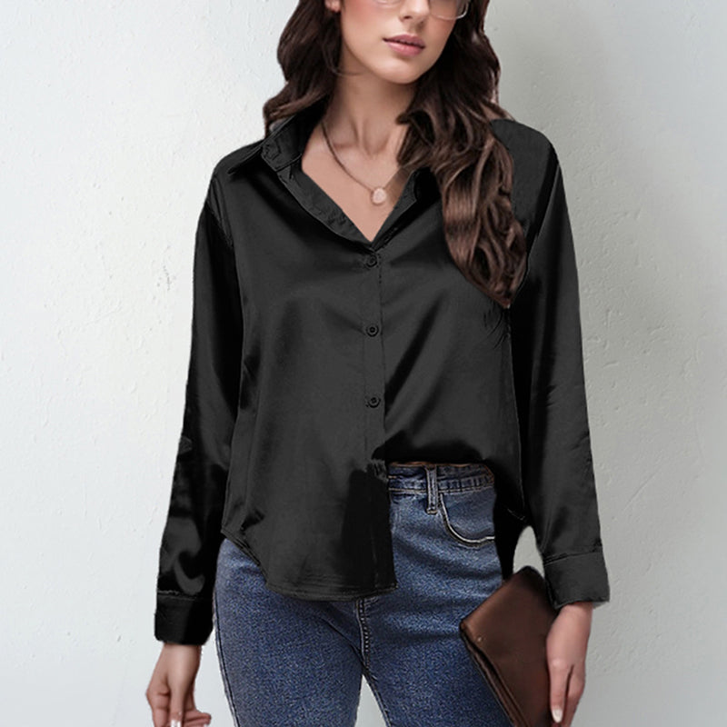 Women's Elegant Satin Lapel Shirt, Long Sleeve Button-Down Blouse For Casual And Office Wear 