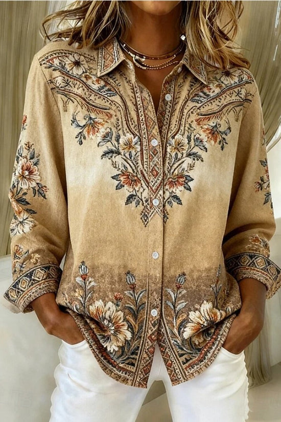 Womens Loose-Fitting Long-Sleeve Lapel-Neck Printed Shirt 