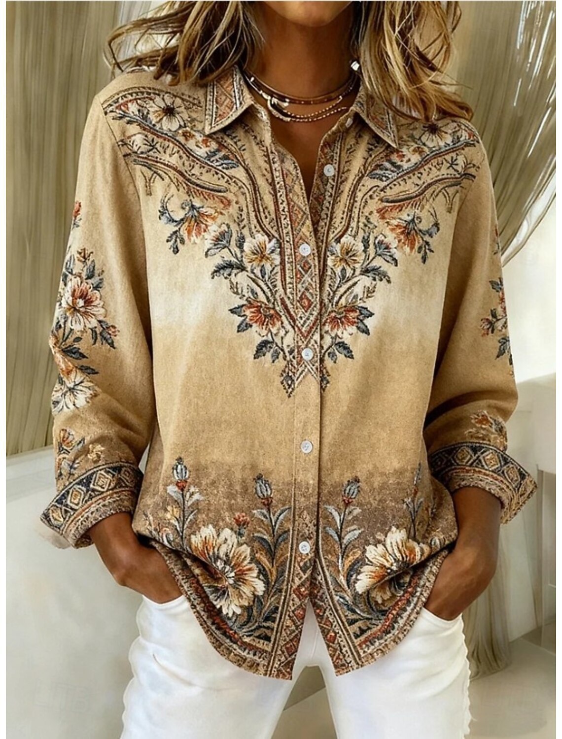 Womens Loose-Fitting Long-Sleeve Lapel-Neck Printed Shirt 