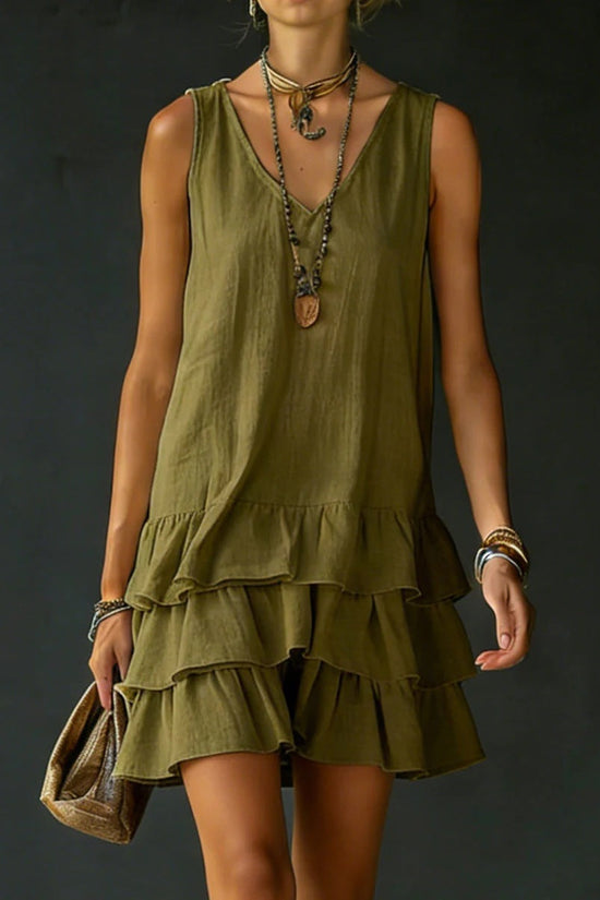V-neck Cotton-linen Womens Fashionable Sleeveless Dress 