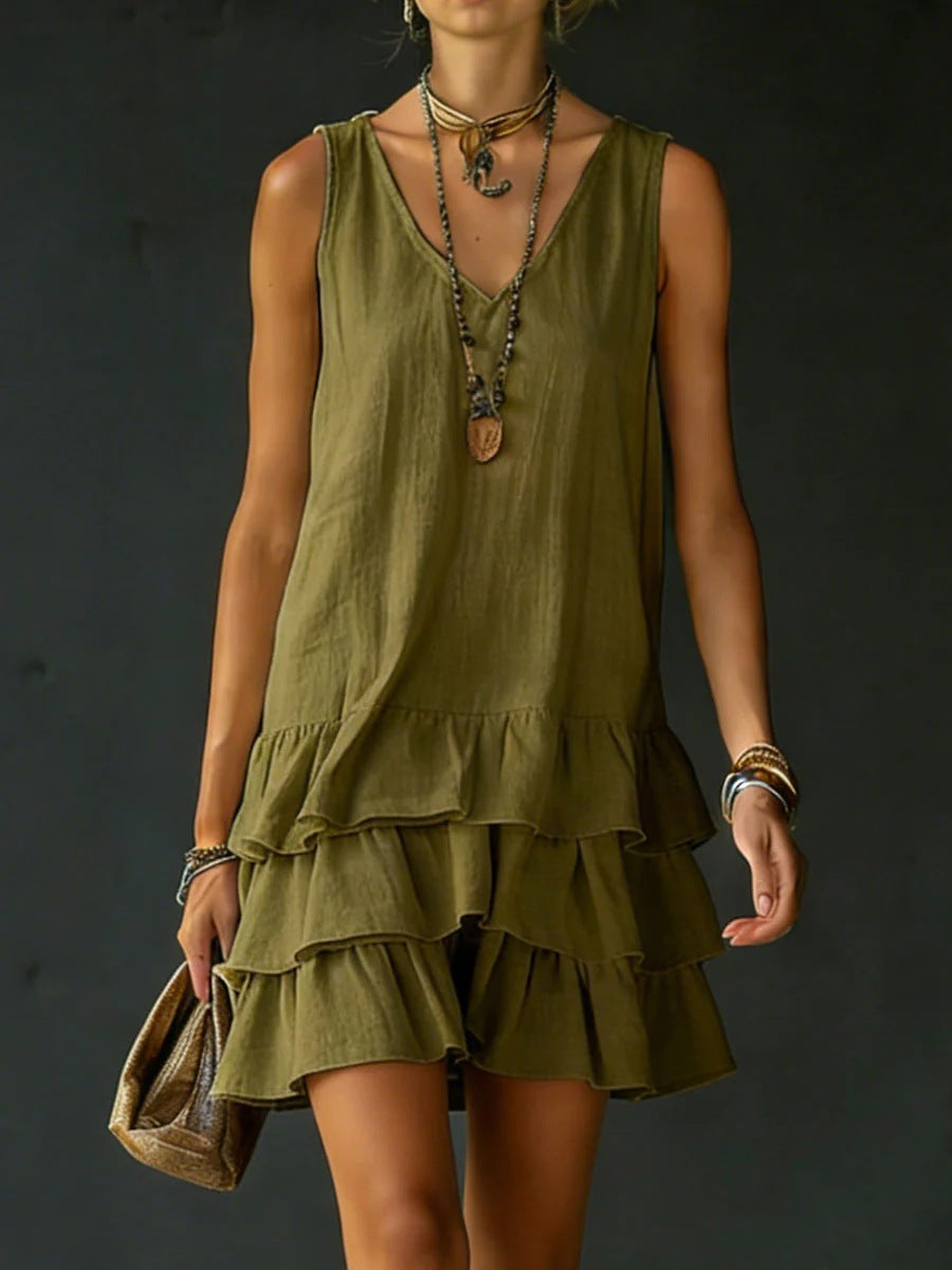 V-neck Cotton-linen Womens Fashionable Sleeveless Dress 