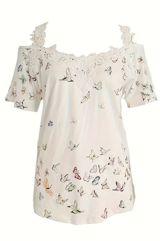 🦋 Vibrant Butterfly Lace Off-Shoulder V-Neck Tee FitiqueFit
