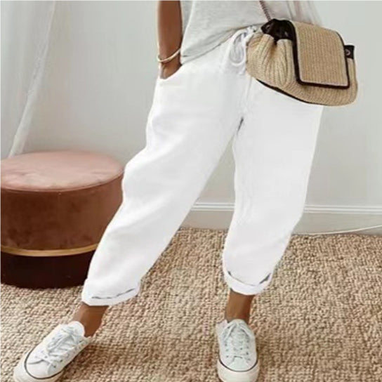 Women's Fashion Cotton Linen Solid Color Casual Pants 