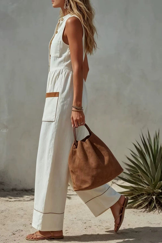 Womens Sleeveless Casual Loose Cotton-Linen Wide-Leg Jumpsuit 