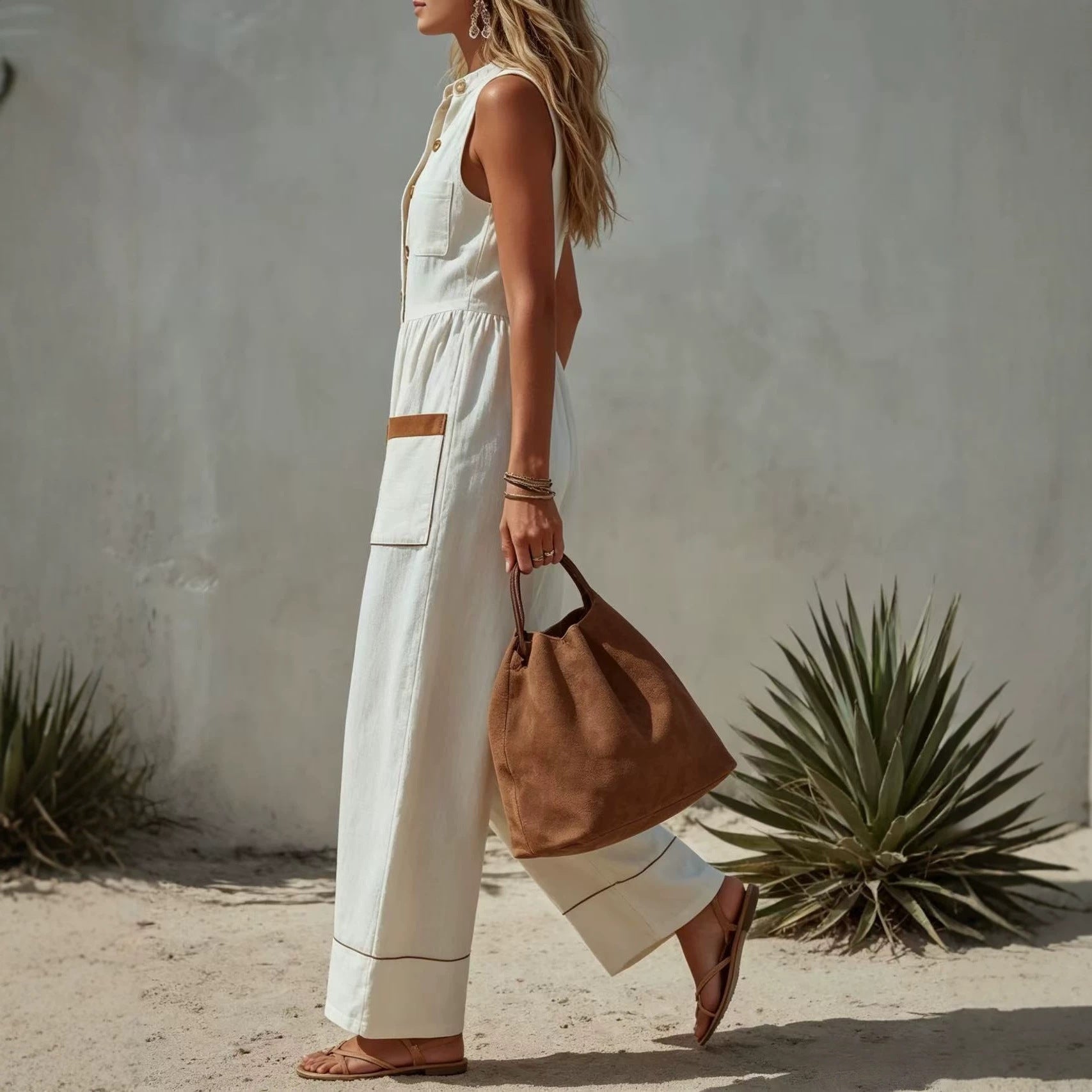 Womens Sleeveless Casual Loose Cotton-Linen Wide-Leg Jumpsuit 