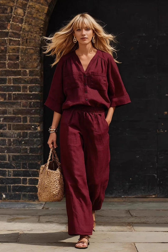 Womens Simple Button-Up Top And Wide-Leg Pants Linen Two-Piece Set 