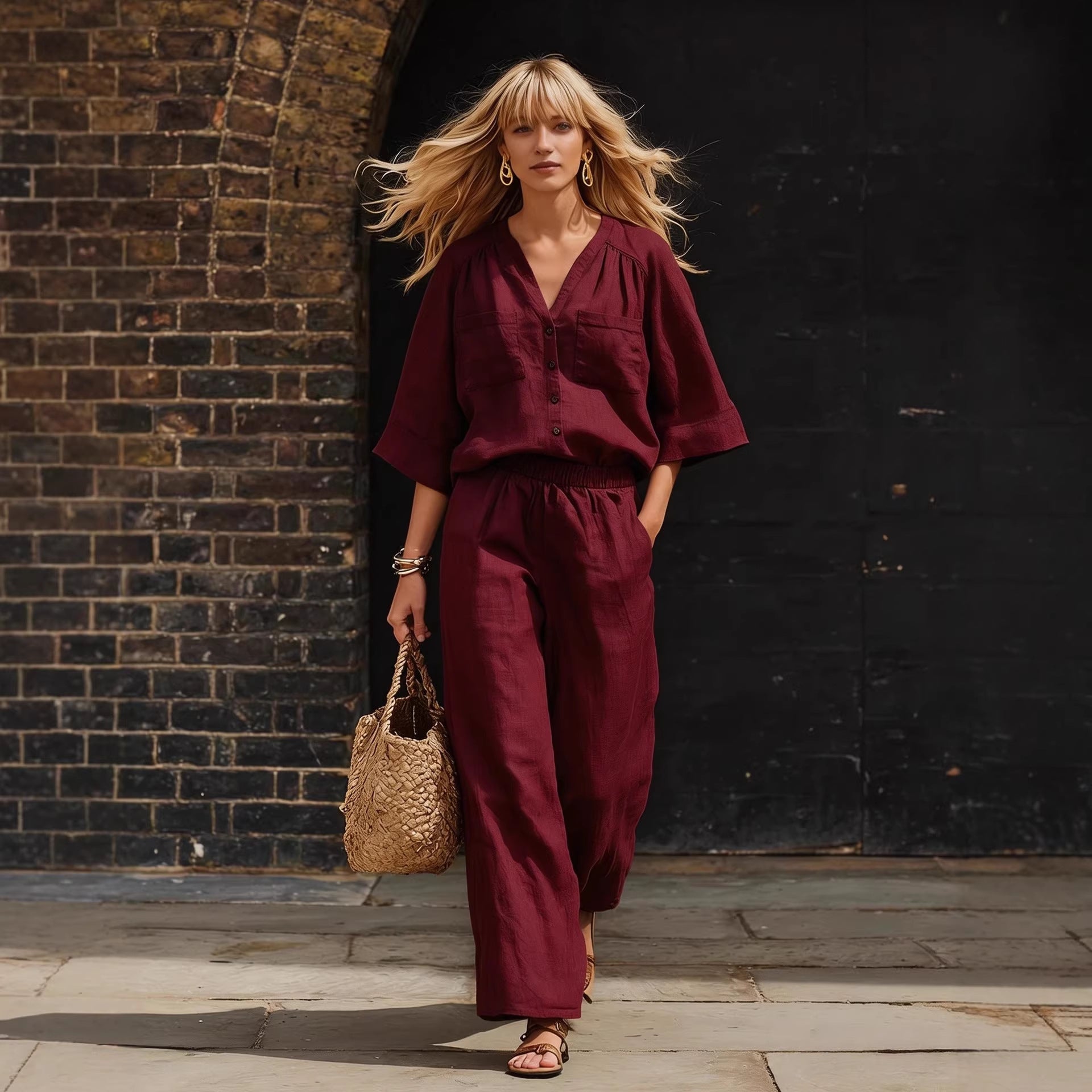 Womens Simple Button-Up Top And Wide-Leg Pants Linen Two-Piece Set 