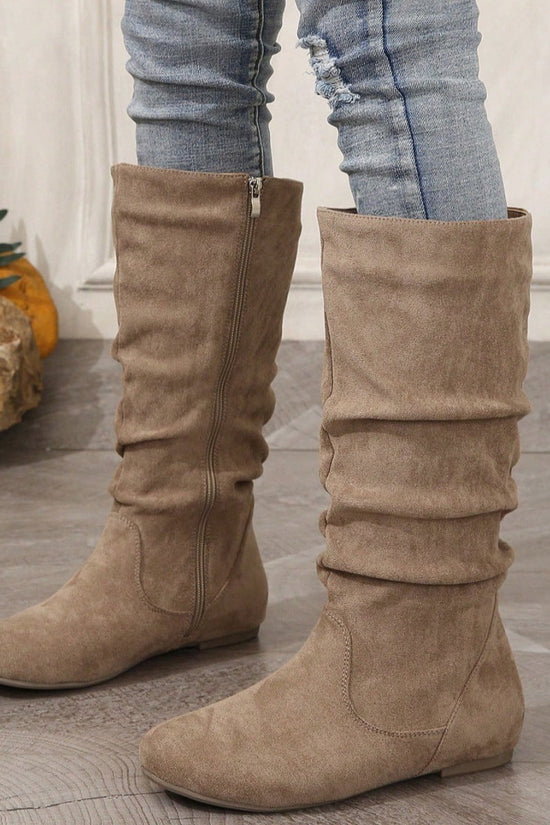 Casual Versatile Durable Comfortable Mid-Calf Boots Lightweight Pleated Side Zip Women's Leather Boots Flat Summer Boots 