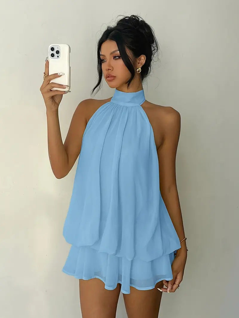 Women's vacation fitted sexy backless halter neck tie-waist dress with puffy short skirt 