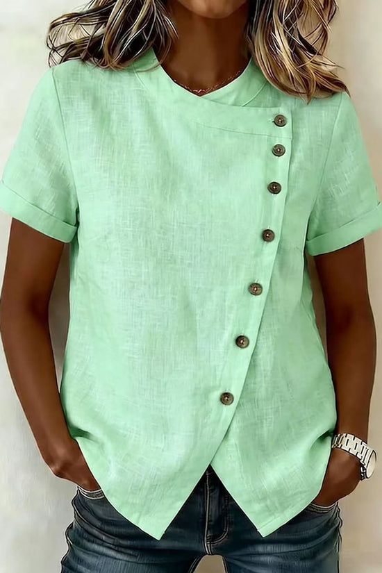New Solid-Color Cross-Neckline Short-Sleeve Loose Cotton-Linen Asymmetrical Top 