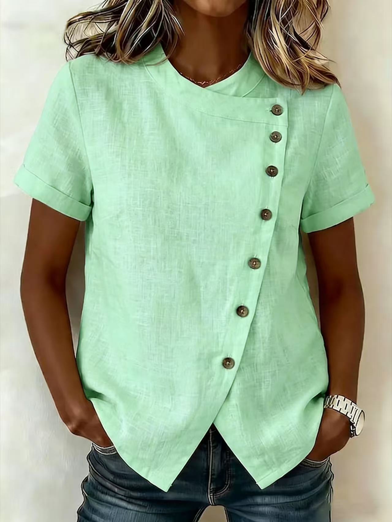 New Solid-Color Cross-Neckline Short-Sleeve Loose Cotton-Linen Asymmetrical Top 