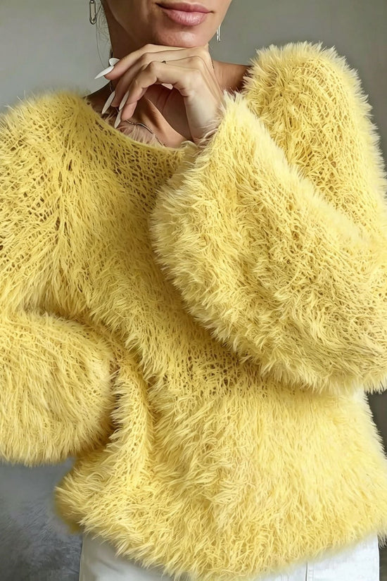 Women's macaron round neck fluffy solid color long sleeved fur top 