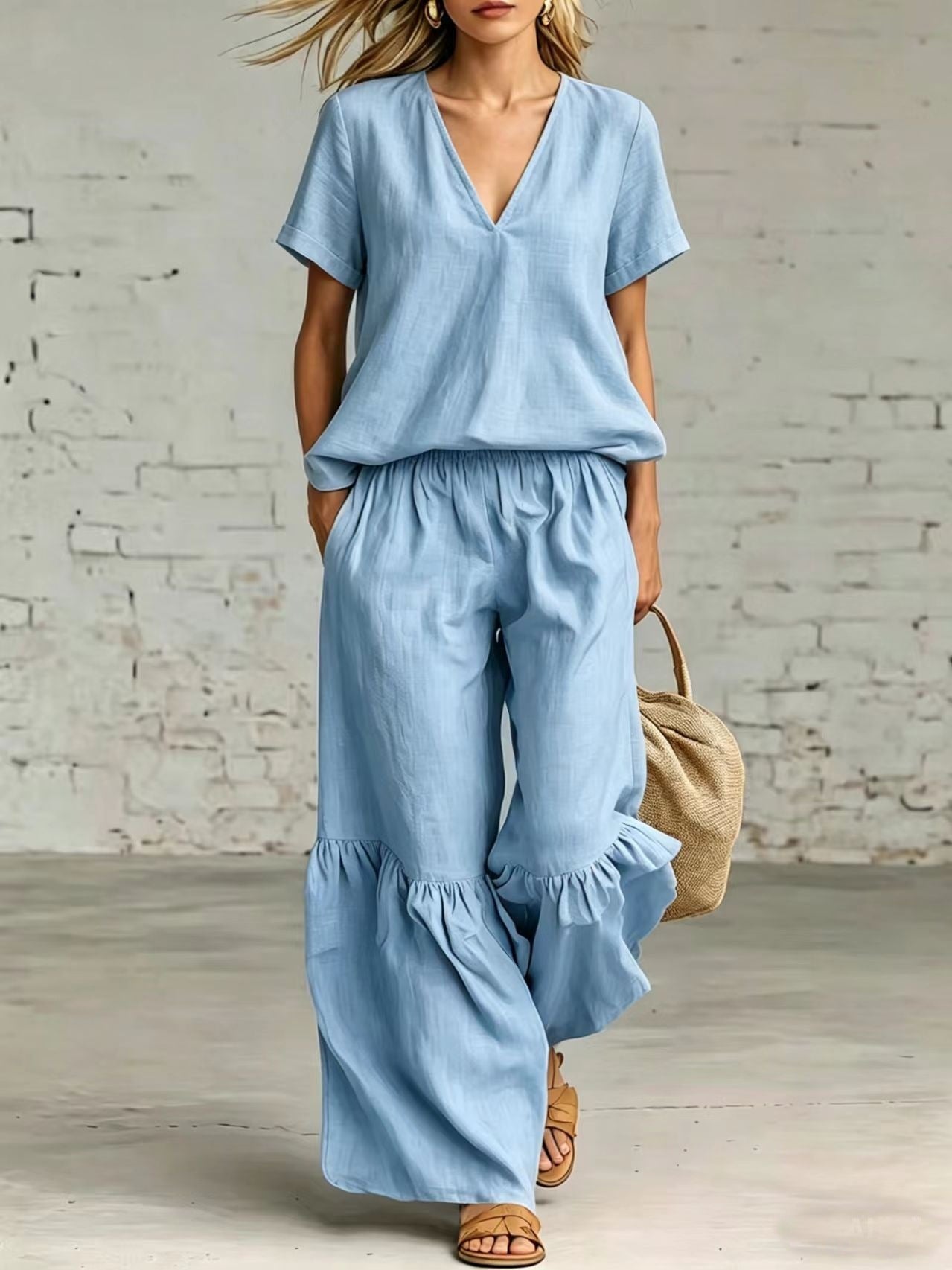 Womens Casual Solid Color V-Neck Loose Short-Sleeve Pants Set 