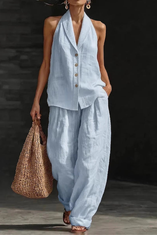 Wide-leg Pants Suit Womens Cotton-linen Fashionable Two-piece Set 