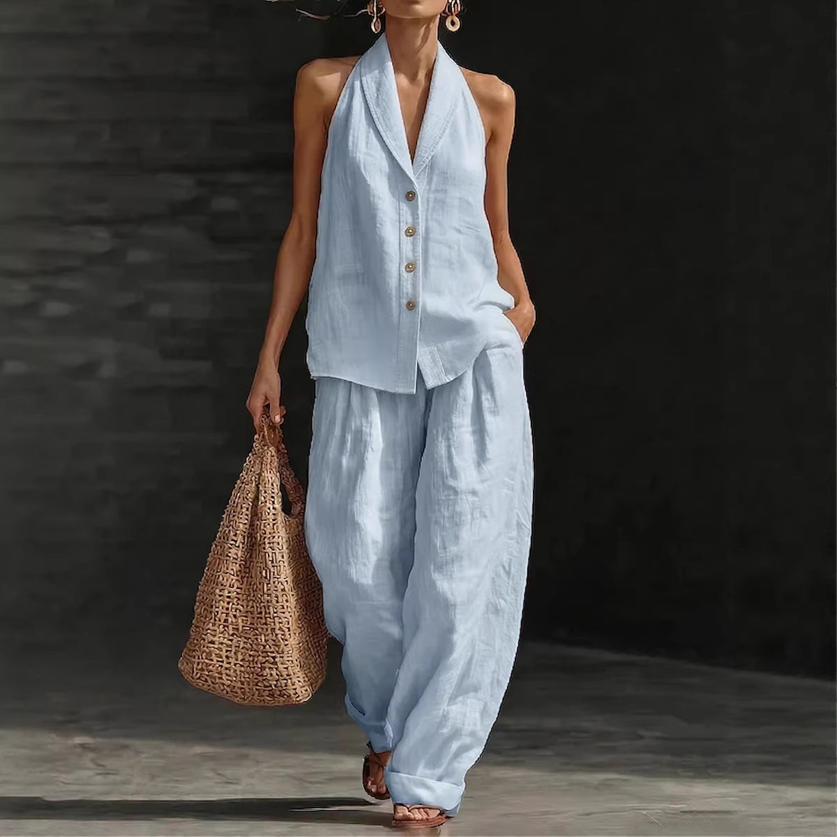 Wide-leg Pants Suit Womens Cotton-linen Fashionable Two-piece Set 