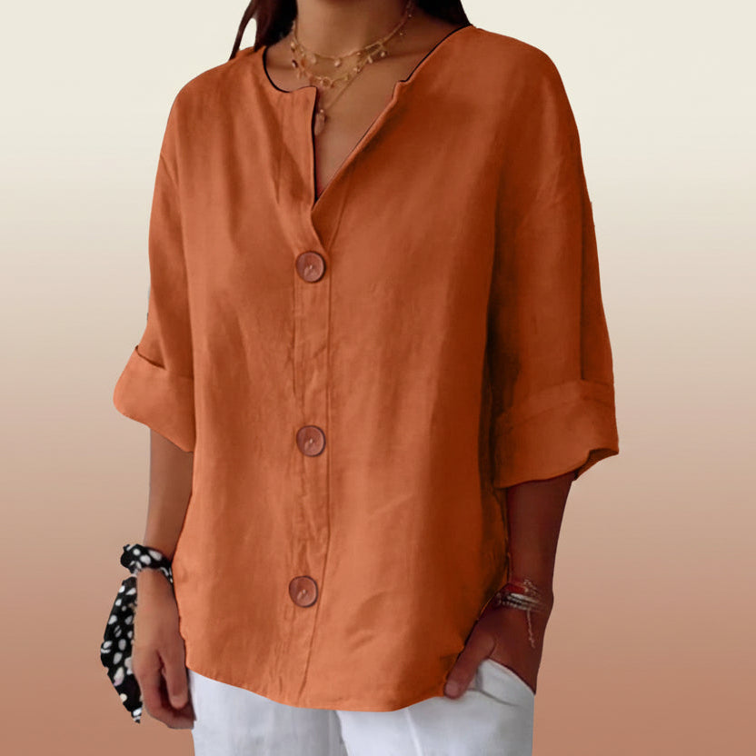Women's V-neck cotton and linen buttoned blouse 