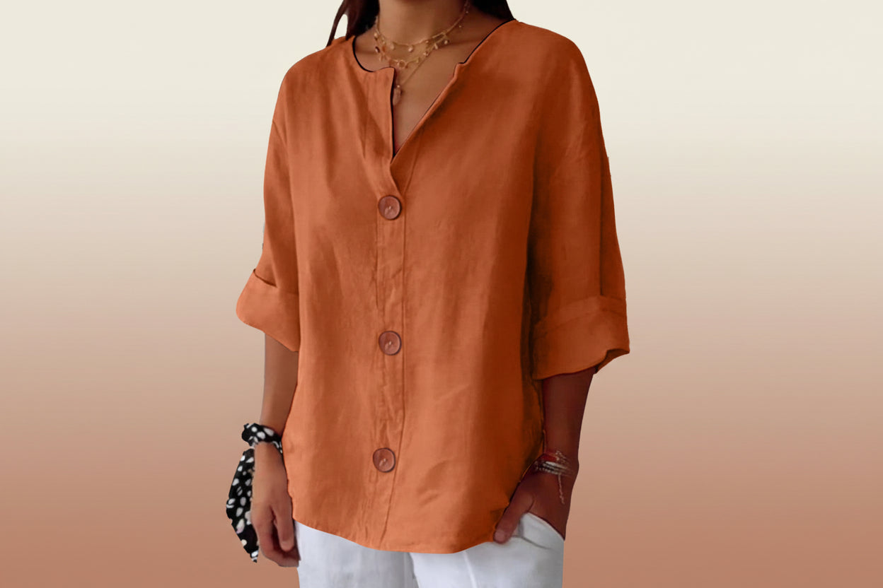 Women's V-neck cotton and linen buttoned blouse 
