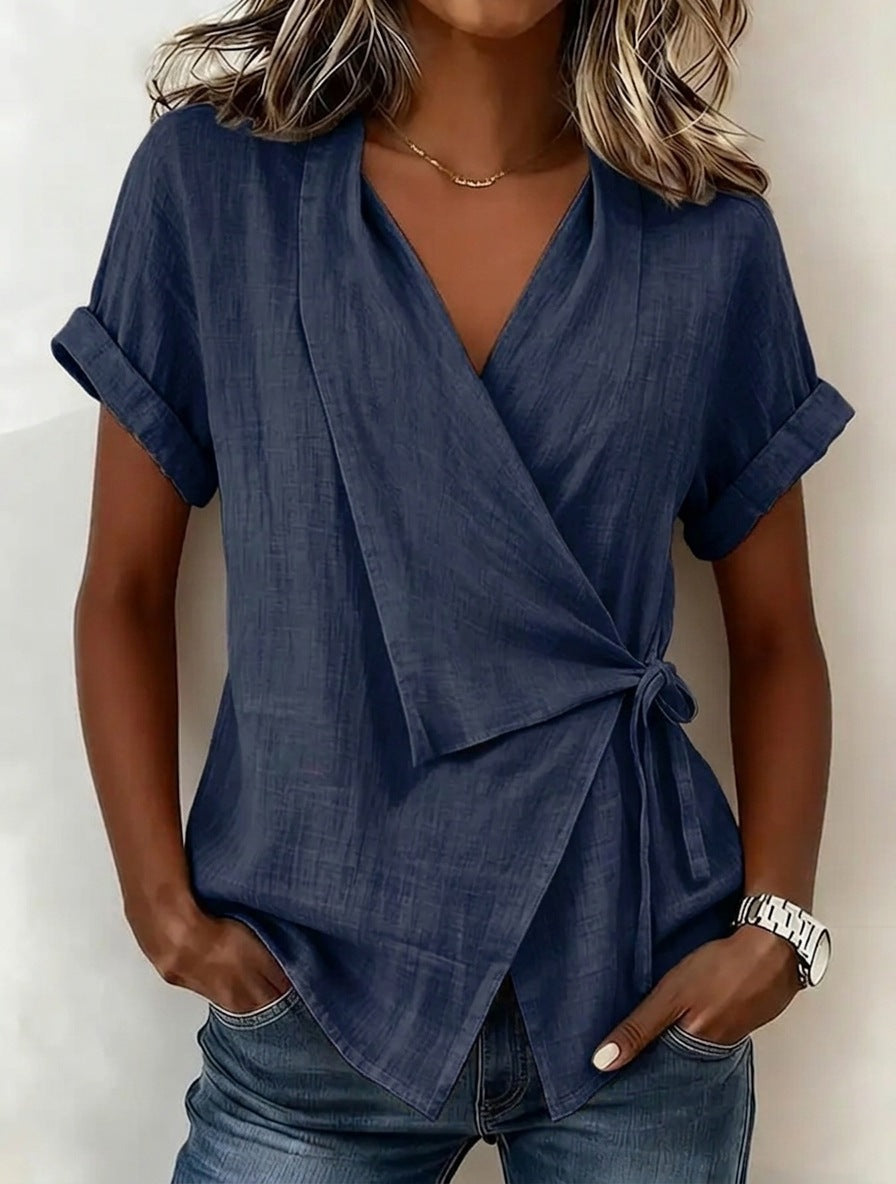 Women's Casual Lapel Collar Lace-Up Short-Sleeve Top 