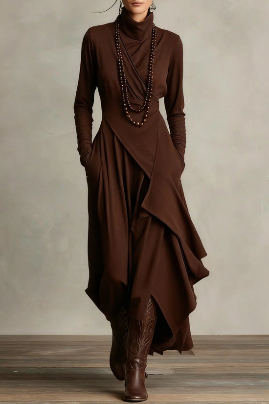 Solid Color Long Sleeve Cross Wrap High Neck Maxi Dress 