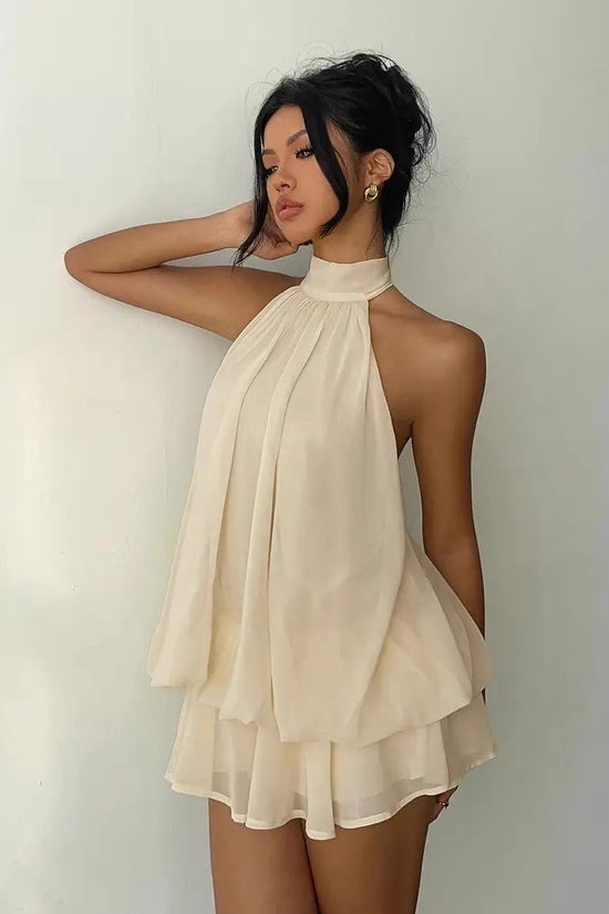 Women's vacation fitted sexy backless halter neck tie-waist dress with puffy short skirt 
