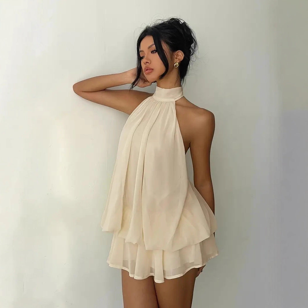 Women's vacation fitted sexy backless halter neck tie-waist dress with puffy short skirt 