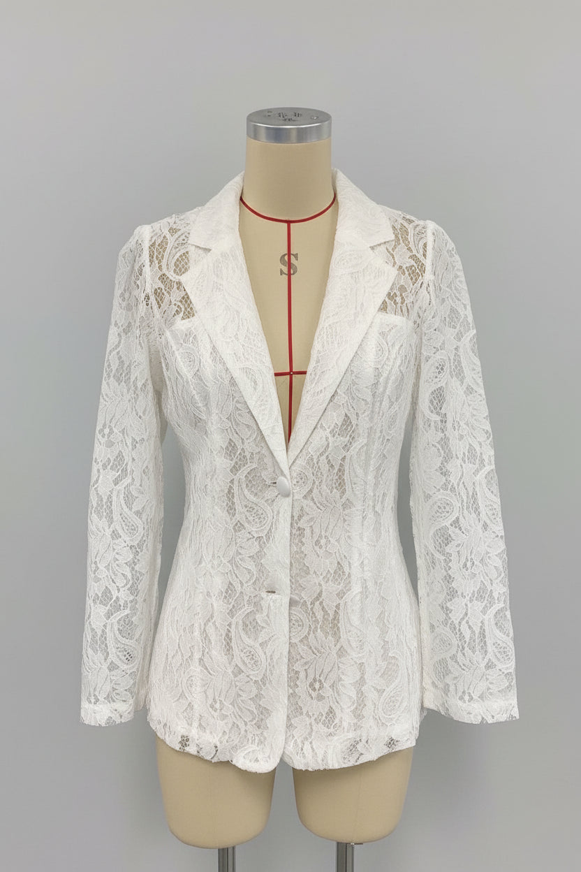 Sheer Floral Lace Blazer | Deep V Notched Lapel Single Button 