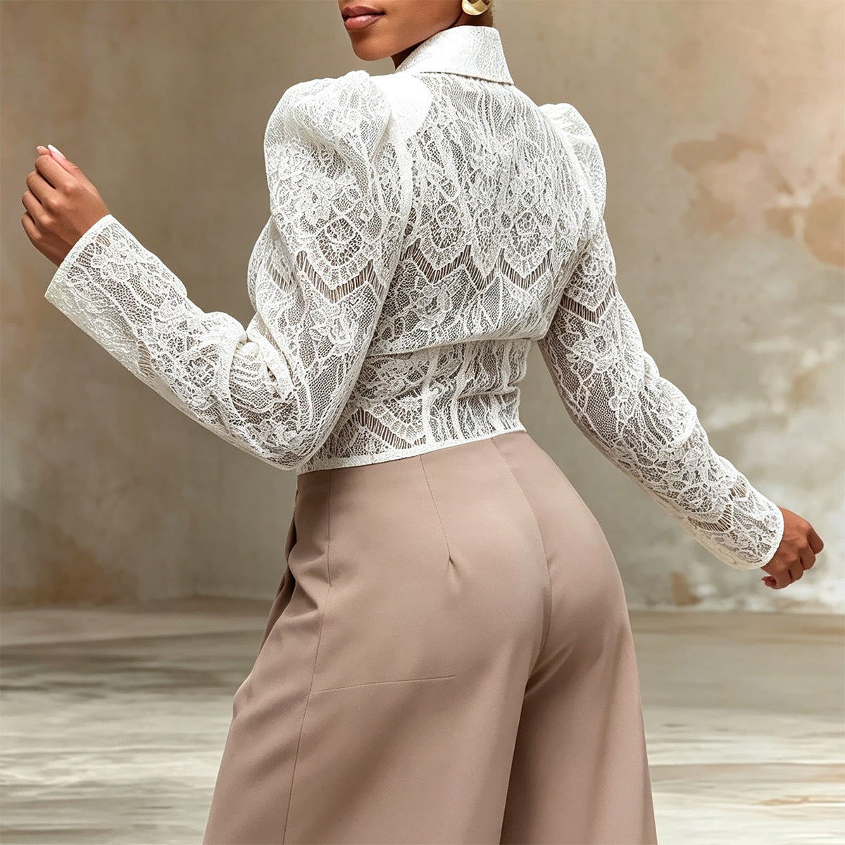 White lace waist cinched bubble sleeve shirt top 