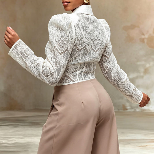 White lace waist cinched bubble sleeve shirt top 